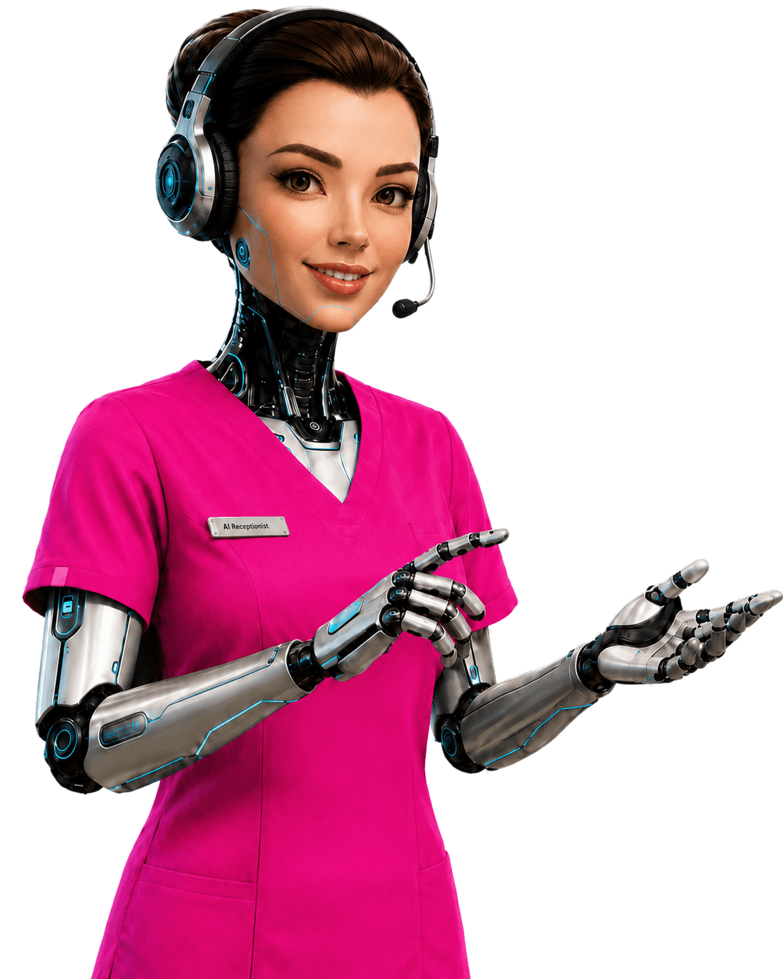 SmadiDesk AI receptionist in pink scrubs wearing a headset